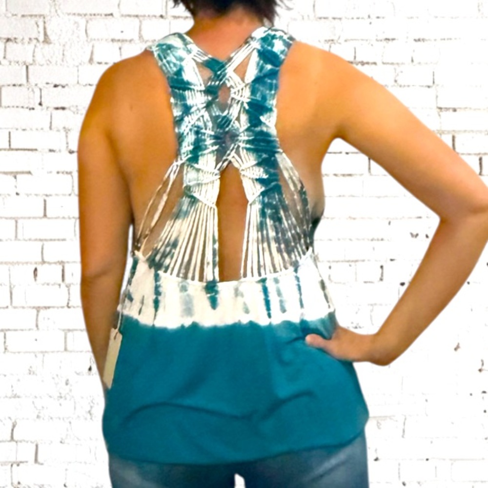 MISS ME Teal and White Tie-Dye Macrame Back Top ~ NWT